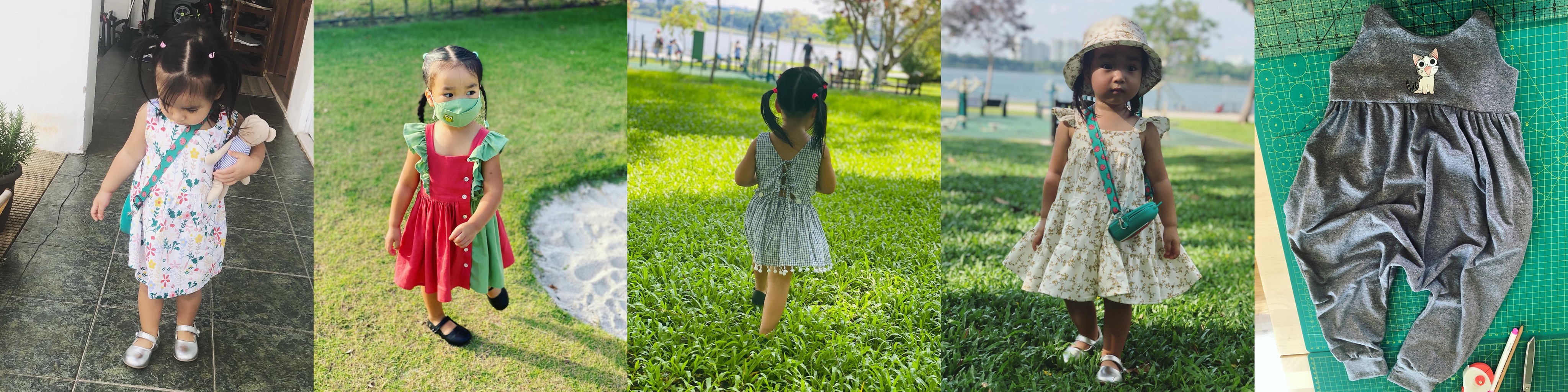 Girls wearing handmade dresses sewn by mums in the kids' clothes sewing class in Singapore